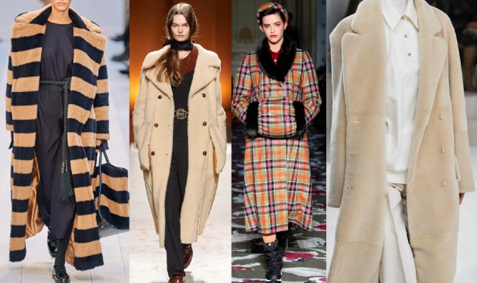 модные дизайнерские дамские пальто 2020-2021 из искусственного меха и клетчатой ткани - в полоску, бежевые, с муфтой и меховой отделкой