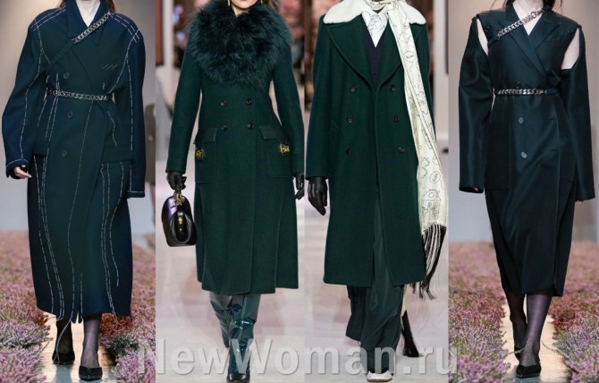 шерстяные дамские пальто с мировых паказов моды насыщенного зеленого цвета - тренды осени 2020