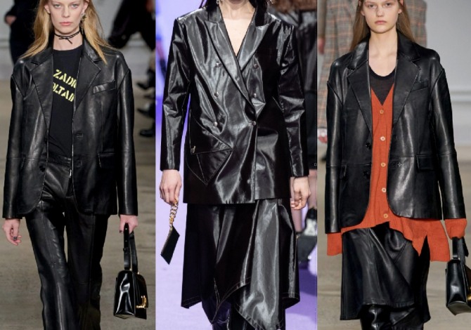 женский пиджак из искусственной кожи черного цвета - горячий тренд женской моды сезона осень-зима 2020-2021 - фото идей от модельеров модных домов