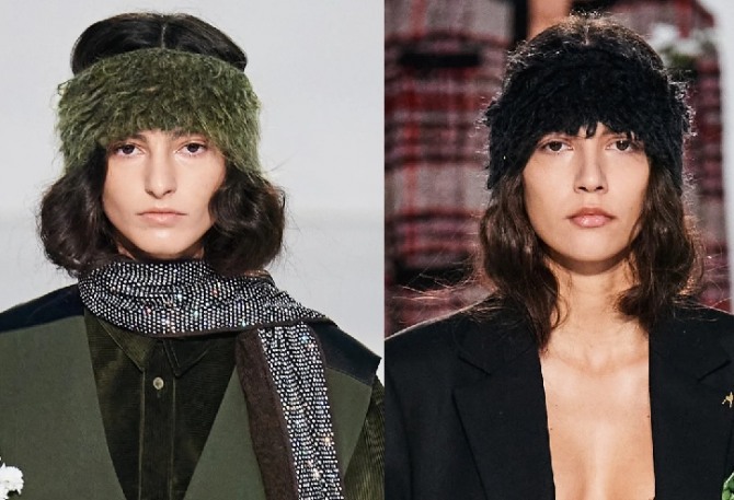 полоски лохматого искусственного меха на голове в качестве головного убора-повязки - мода осень-зима 2020-2021 для девушек и женщин от модного дома Marco de Vincenzo