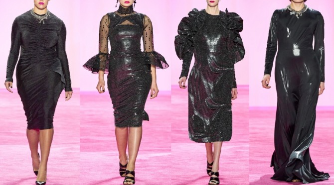 модные вечерние платья из черной блестящей ткани 2020-2021 для женщин за 55 и 65 лет от бренда Christian Siriano
