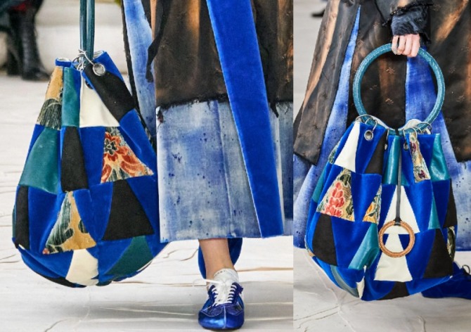 сумка-мешок из разноцветных лоскутов в стиле пэчворк - луки с модных показов с недель моды сезона осень-зима 2020-2021