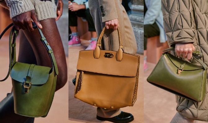 сумки коричневого цвета и цвета хаки - фото из осенней коллекции 2020 Salvatore Ferragamo