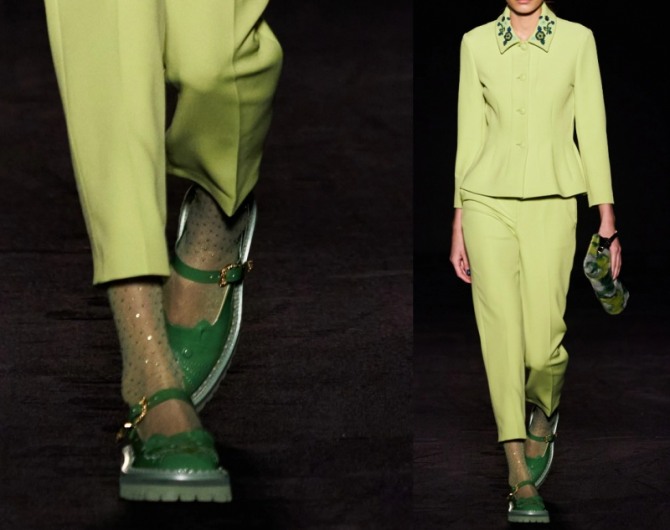 модные туфли 2021 года для женщин зеленого цвета с ремешками и маленькими пряжками из металла желтого цвета - модный дом Vivetta, модный показ