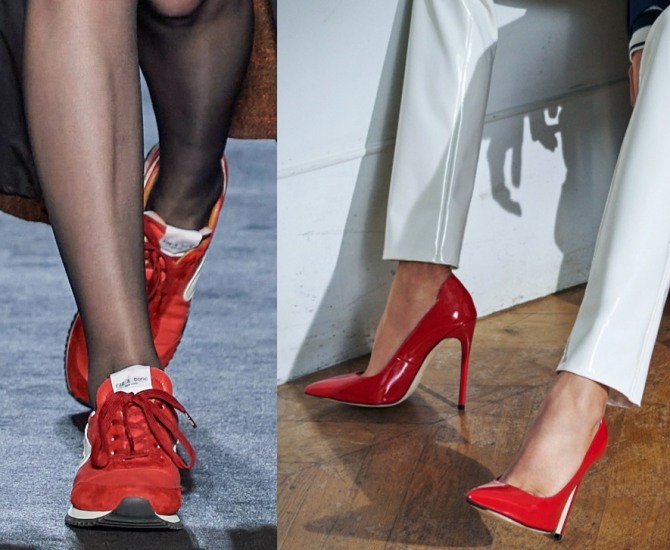 Модные туфли 2021 года красного цвета - кроссовки и лодочки на шпильке с белыми брюками