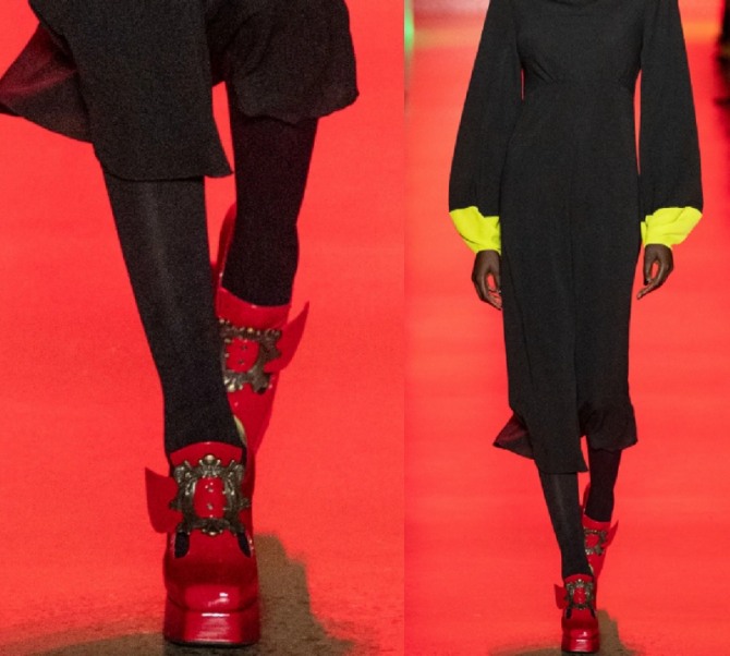 в 2021 году в моде лаковые лоферы на платформе с большими пряжками на взъеме ноги - фото модного показа Anna Sui 