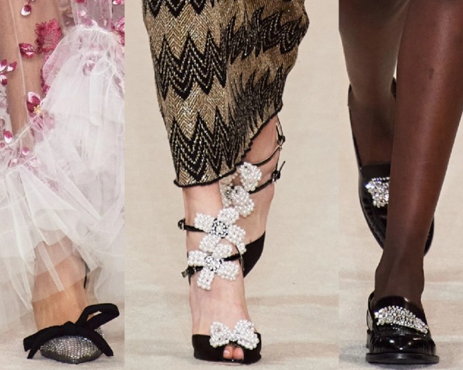 модели вечерних женских туфель от бренда Giambattista Valli, декорированных стразами, бантами, пайетками и жемчугом