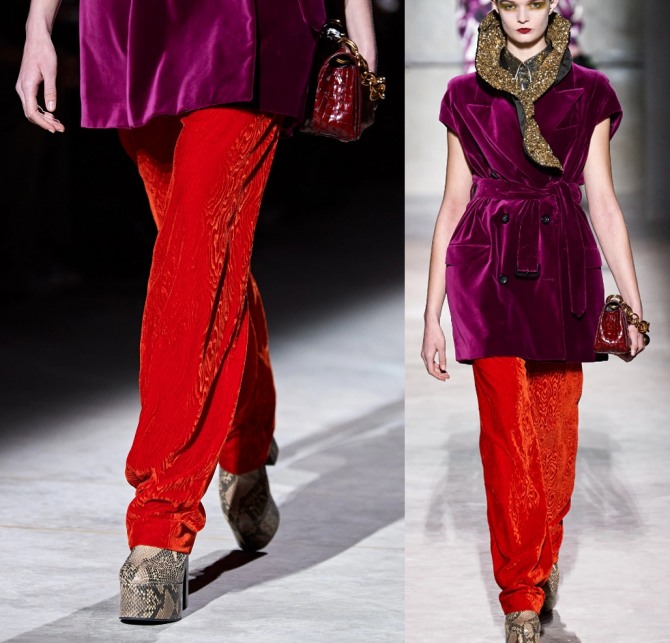 красивый вечерний образ с красными велюровыми брюками - женская брючная мода 2021 года от бренда Dries Van Noten