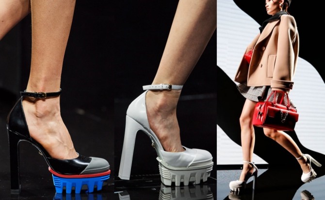 главные тендеции в женской обувной моде 2021 года - туфли деленки на протекторной платформе в носочной части - тренды от модного дома Versace