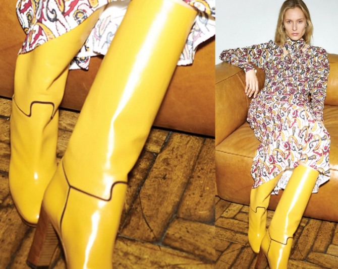 сапоги 2021 желтого цвета с языком, отороченным коричневым кожаным кантом - модели от бренда Victoria Beckham