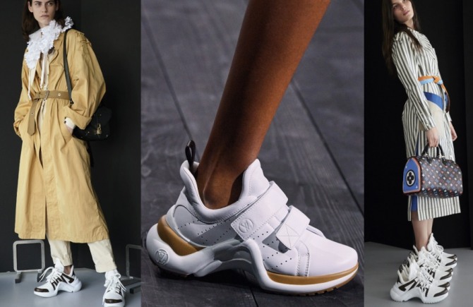 весной и летом 2021 года в тренде уличные образы с кроссовками - с плащом и платьем, фото с модного показа Louis Vuitton