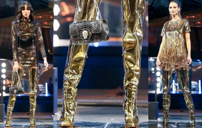 блестящие золотые ботфорты из металлизированной ткани к вечернему платью 2021 - фото дизайнерских образов от модного дома Philipp Plein