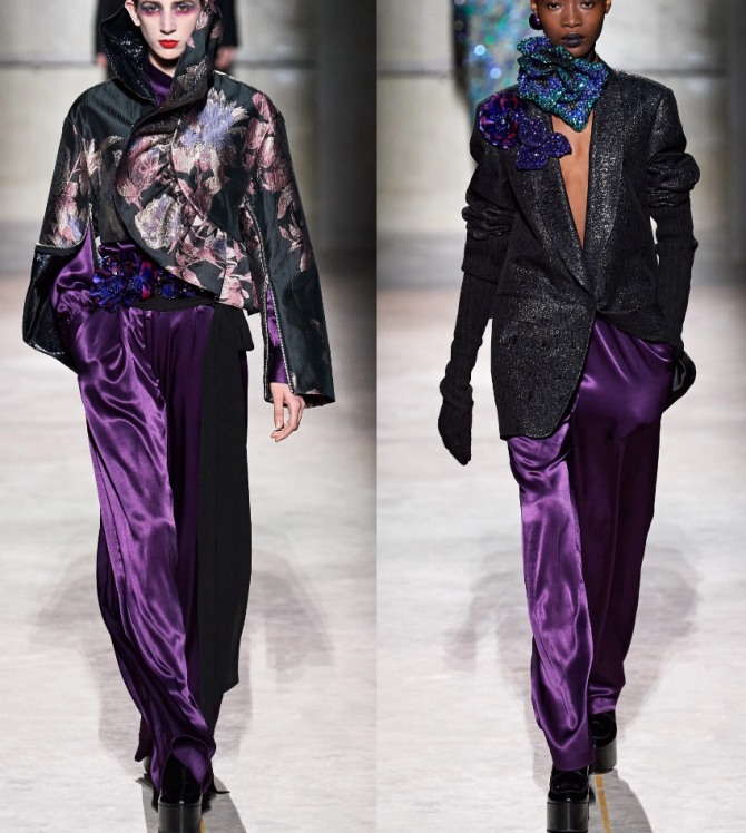 шелковые женские брюки сливового цвета от бренда Dries Van Noten - женская мода 2021 года