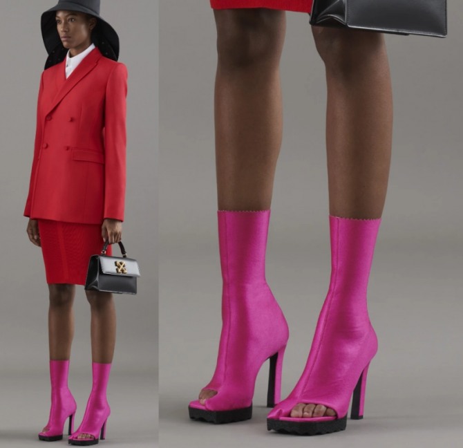 модные женские сапоги-чулки цвета фуксии с открытыми пальцами от бренда Off-White на 2021 год