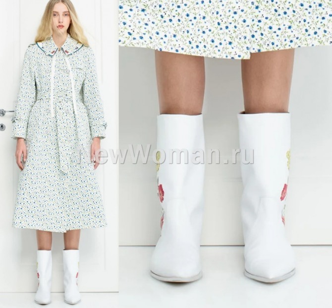 модные весенние белые короткие сапожки 2021 года для девушек с цветочным орнаментом
