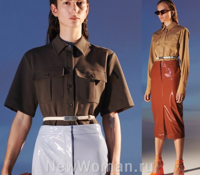 главные тенденции блузок и женских рубашек 2021 года - в военном стиле, модели в коричневой цветовой гамме от бренда Sportmax