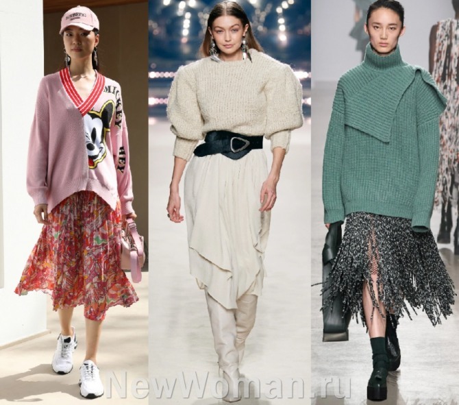 тренды в женской одежде 2021 года - юбки из легких тканей в комплекте с вязаными свитерами, джемперами и полуверами - модный обзор по итогам европейских показов