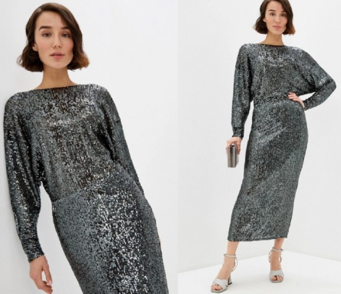 стильный вечерний образ 2021 с блестящим серым платьем из металлизированной ткани