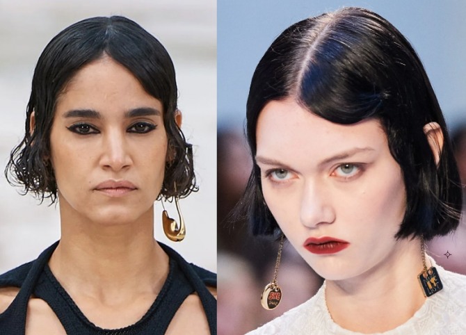 модели модных женских стрижек для черных волос 2021 года с подиума - каре на прямой пробор