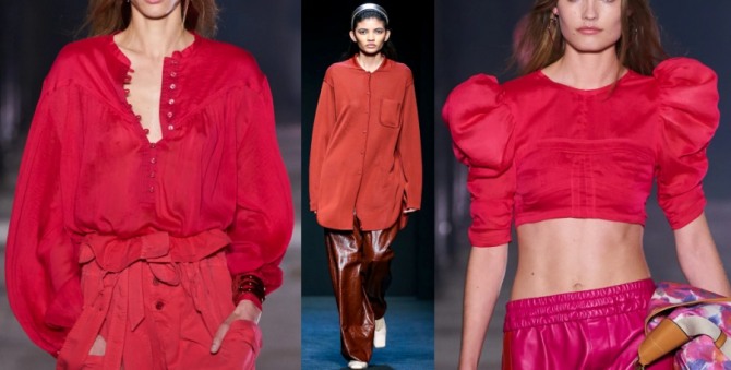 новинки блузок красного цвета с подиума на 2021 год - с баской, карманами, рукавами-фонариками