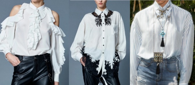 какие блузки самые модные в 2021 году - белые с вырезами на плечах, с воланами на рукавах и груди, с черной вышивкой, из полосатой ткани
