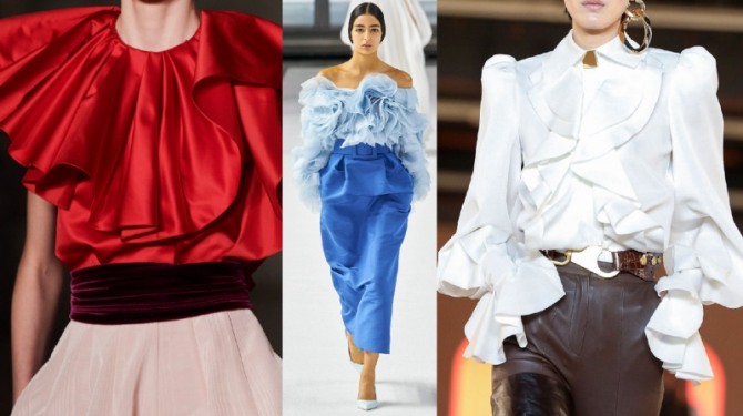 блузки 2021 года с воланами - красного, голубого и белого цвета - фото из коллекций мировых модельеров