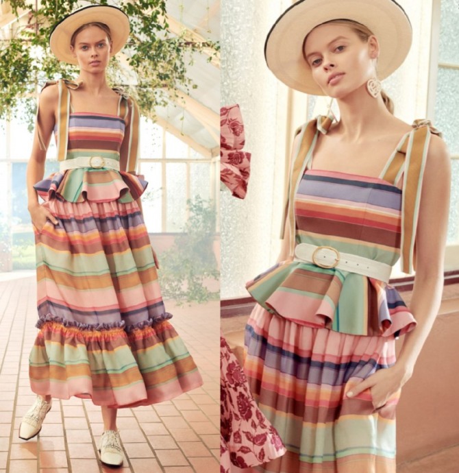 стильное нарядное летнее платье с баской и многочисленными поперечными цветными полосами - ткань мультиколор - тренды 2021 года