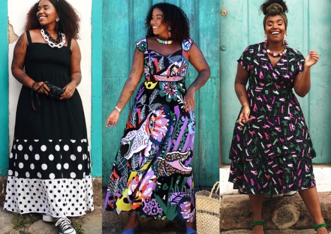 модные принты летних платьев 2021 года для крупных полных женщин - сочетание разных принтов в одной модели, яркие разноцветные рисунки