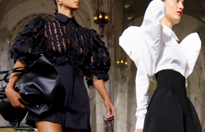 вечерние стильные и роскошные женские ансамбли шорты плюс блузка - в черно-белой цветовой гамме, фото из коллекции carolina herrera на 2021 год