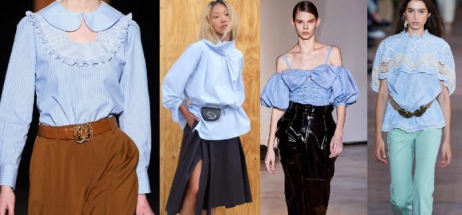 обзор модных блузок 2021 года - на фото модели голубого цвета