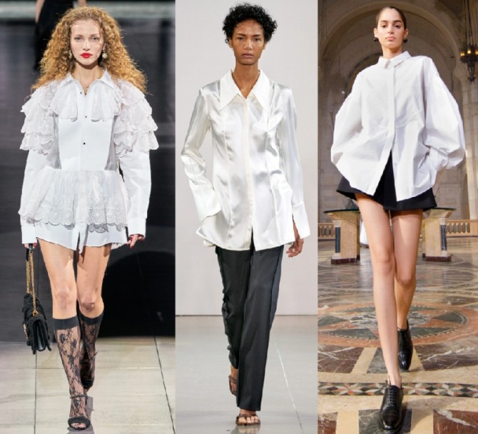 стильные блузы свободного кроя навыпуск белого цвета - модный тренд 2021 года, модель с отделкой кружевом и две модели блуз офисного минималистического стиля