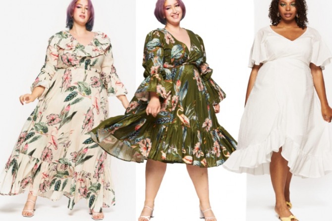 онлайн-шопинг для крупных женщин - летние платья 2021 года для пышных модниц - трампет, воланы, отрезная талия, запашной лиф