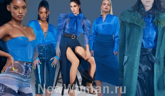 топы и блузки 2021 года ярко-синего и сине-голубого цвета - луки с модных показов