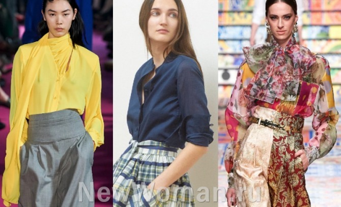 новинки стильной женской одежды 2021 года - блузки из желтого, синего и принтованного цветами шифона с модных показов мировых дизайнеров