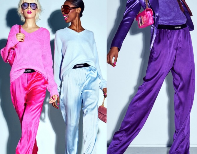 новинки модных женских брюк 2021 года в спортивном стиле на резинке - в тренде разноцветные яркие модели из шелка
