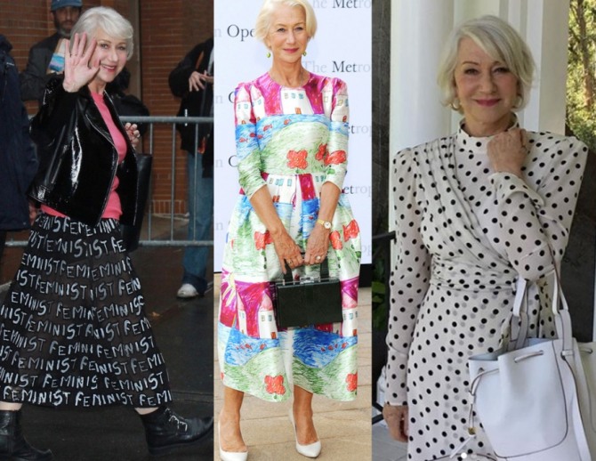 весенне-летний стиль для пожилых женщин 75 лет - фото английской актрисы Хелен Миррен (Helen Mirren) в стильных нарядах