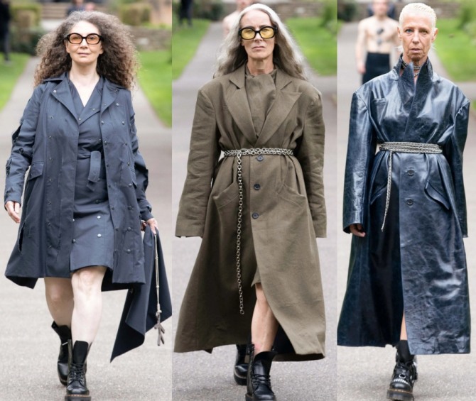 фото модных пальто и плащей для пожилых женщин от английского бренда Art School - лондонский показ сезона весна-лето 2021 года