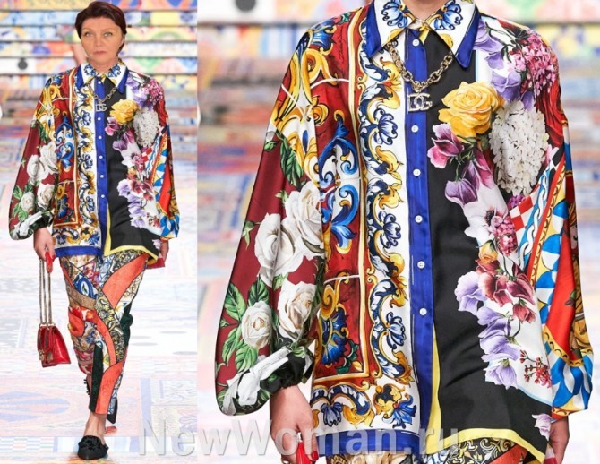тенденции в летней одежде для пожилых женщин 2021 года - шелковые разнопринтовые блузки-рубашки с пышным рукавом - коллекция Dolce & Gabbana