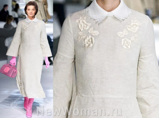 мода для пожилых женщин, новинки с модных показов весна 2021 года - льняное платье с аппликациями от Fendi