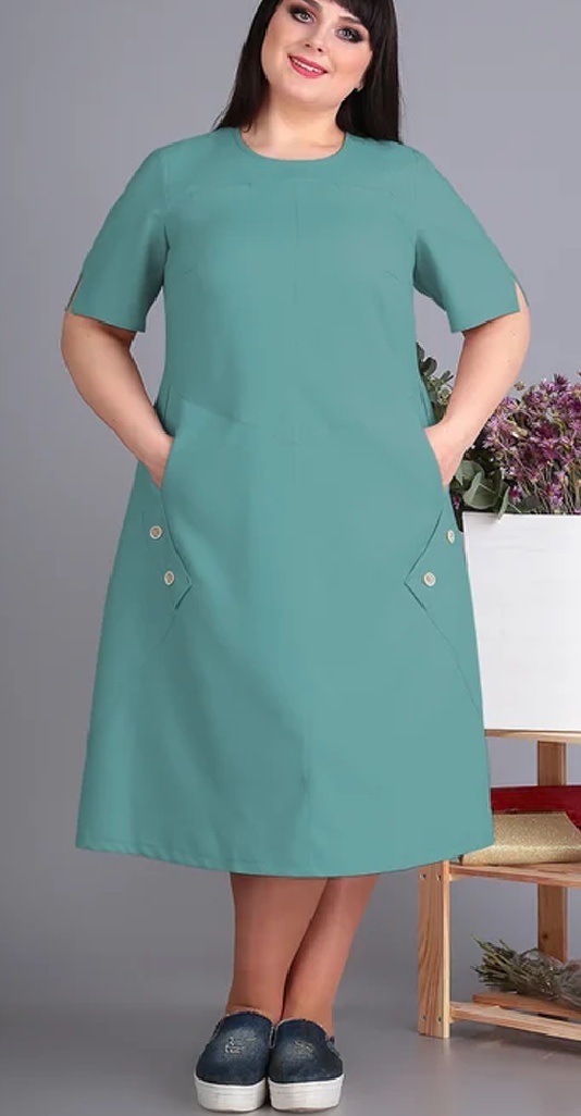 белорусское летнее платье для работы 2021 - для полных девушек и женщин пастельно-зеленого цвета с коротким рукавом и кроем трапеция - лен