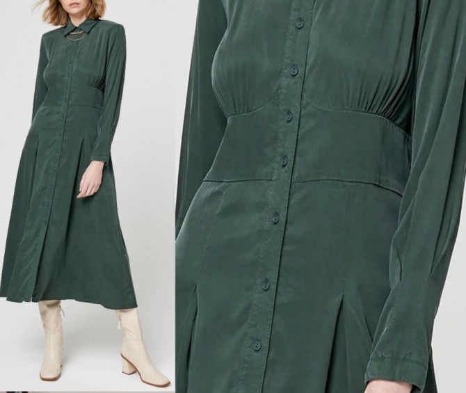 деловое зеленое платье в рубашечном стиле сосквозной застежкой на пуговицы и со втачным широким поясом - модная одежда для работы сезона осень-зима 2021-2022
