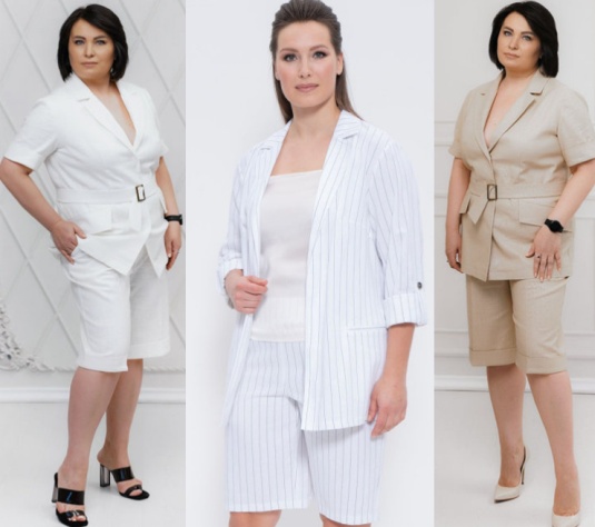 летние тренды в женской одежде 2021 года - деловые летние повседневные офисные костюмы с шортами - модели белого и светло-кофейного цвета
