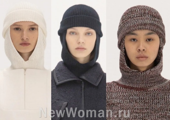 модные вязаные шапки осень-зима 2021-2022 от бренда Bevza, надетые поверх капюшона трикотажного зимнего платья