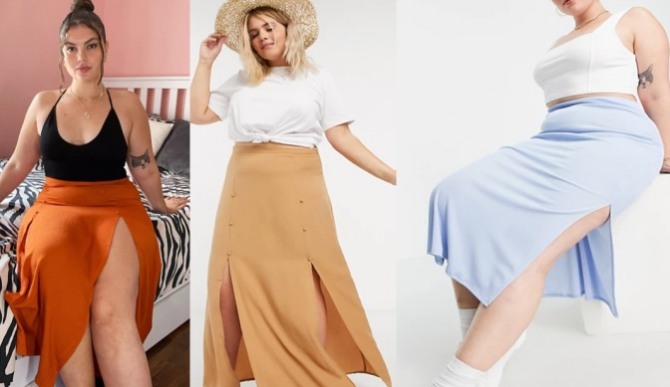 модные летние тенденции 2021 года для полных девушек и женщин - юбки с боковыми и двойными разрезами