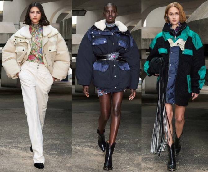 горячие хиты в моде на женские куртки 2022 года от бренда Isabel Marant, Париж - куртка-пилот, модели с объемными рукавами и кожаным поясом, яркие цветные вставки