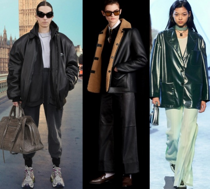 главные тенденции в моде на женские куртки 2022 года - модели в мужском стиле прямого свободного кроя из искусственной кожи