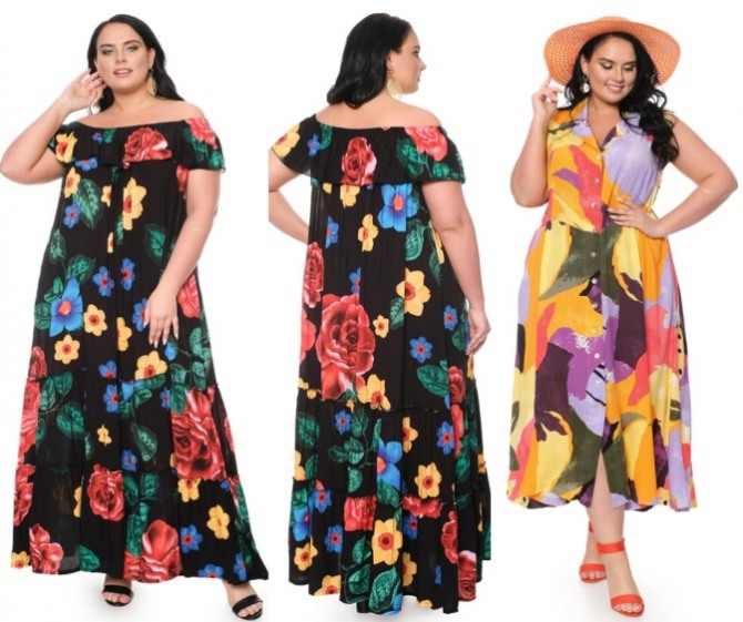 длинное нарядное платье для полных девушек и женщин с обнаженными плечами, воланом и яркими цветами на темном фоне