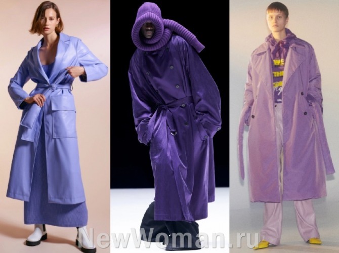 новинки дамских плащей миди и макси на 2022 года - в моде сиреневые, фиолетовые и лавандовые цвета