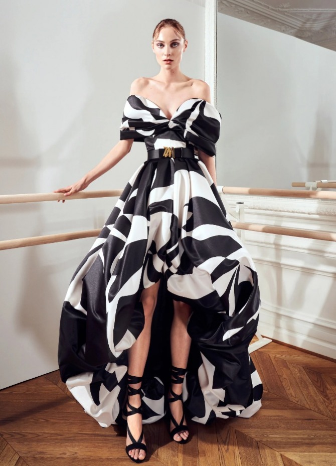 роскошное летнее вечернее платье 2021 фасона маллет с черно-белым принтом