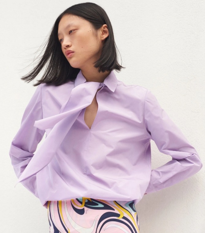 Какие блузки самые модные в 2022 году - блузка цвета лаванды